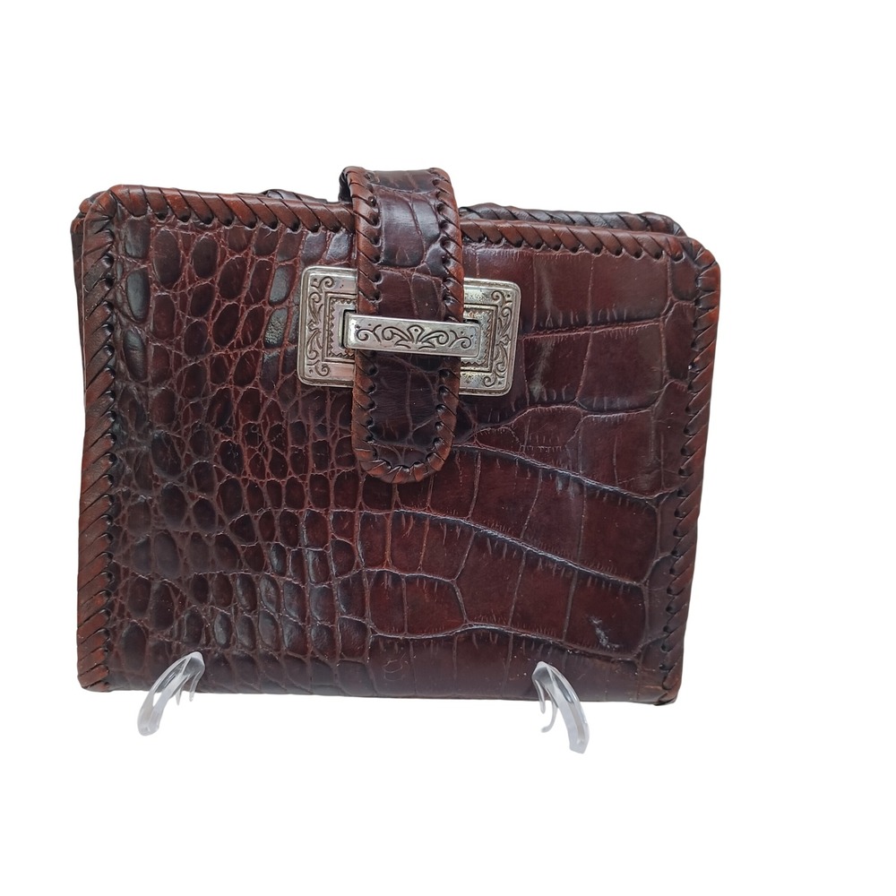 Brighton Brown Croc Embossed Leather Bifold Wallet Whipstitch Silver Buckle
